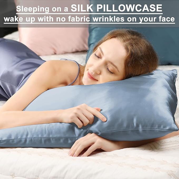 Ravmix Silk Pillow Cases with Zipper, 21momme Mulberry Silk Pillowcase for Hair Skin Health, Soft Smooth Breathable Cool Pillow Cover for Beauty Sleep with Gift Box 1PC(Queen 20"x30", Flint Blue)