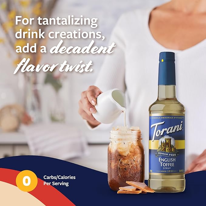 Torani Sugar Free Coffee Syrup, English Toffee Flavored Syrup for Drinks, Zero Calorie, Pump Included, 25.4 Fl Oz