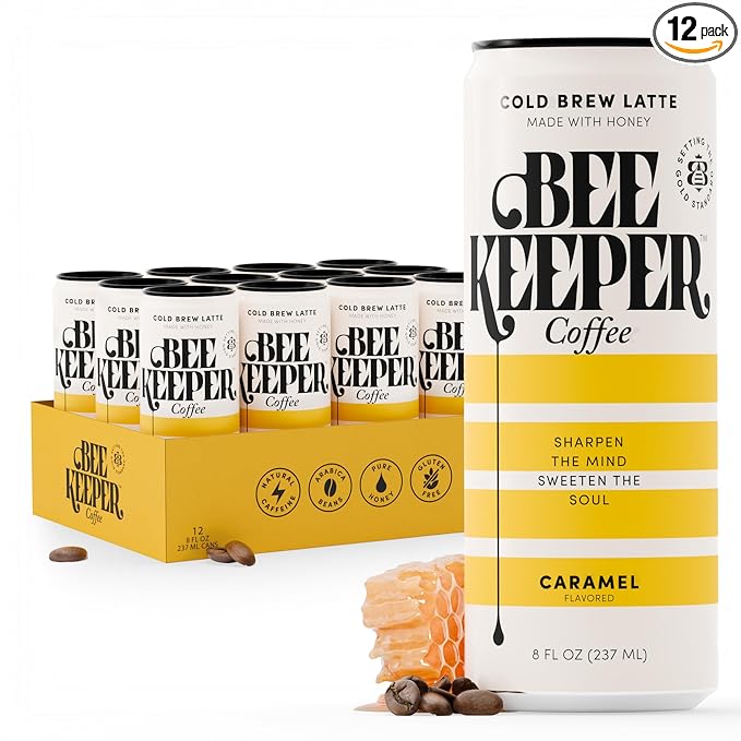 Beekeeper Caramel Cold Brew Coffee Drinks with Oregon Honey | 12 Pack Refreshing Iced Coffee - Unsweetened & Strong Arabica Brew, 8 fl oz Ready-to-Drink Can - 180mg Natural Caffeine