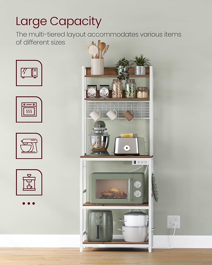 VASAGLE Bakers Rack with Power Outlet, Microwave Stand, Kitchen Tall Utility Storage Shelf, with Metal Wire Panel, 14 Hooks, 15.7 x 23.6 x 66.9 Inches, Rustic Walnut and Cloud White UKKS037W41