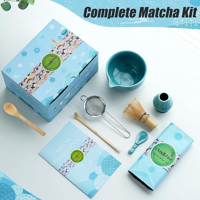 Clay&Fire Matcha Whisk Set, Ceramic Matcha Set, Matcha Bowl with Spout and Whisk, 9 pcs Matcha Tea Kit for Matcha Lovers, Ideal Gift Christmas, Birthday (Blue)