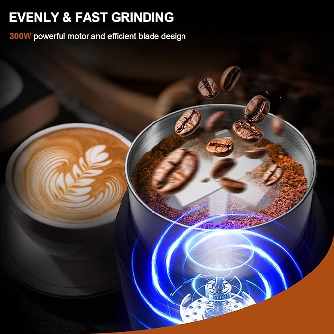 Electric Spice Grinder,300W Coffee Bean Grinder for Kitchen,Stainless Steel Removable Chamber,Up to 12 Cups, Easy for Coffee Beans,Spices,Herb,flaxseed and Nuts,Silver