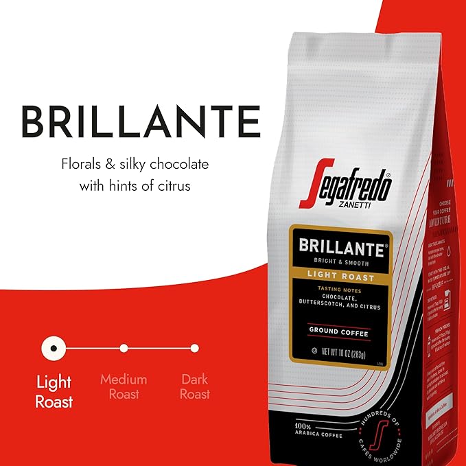 Segafredo Zanetti Ground Coffee – Made with Arabica Coffee – Light Roast, Smooth with Floral Notes – Blend of Colombian and Sumatran Arabicas – Bright, Medium-Bodied – Brillante, 10oz Bag, Pack of 6