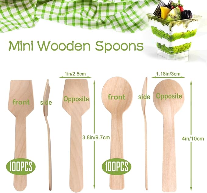 200 Pack Variety Mini Wooden Spoons (100 Square + 100 Round) - 4" Mini Tasting Spoons for Gelato, Ice Cream, Yogurt & Charcuterie Jars - Biodegradable Birchwood Sample Spoons for Parties