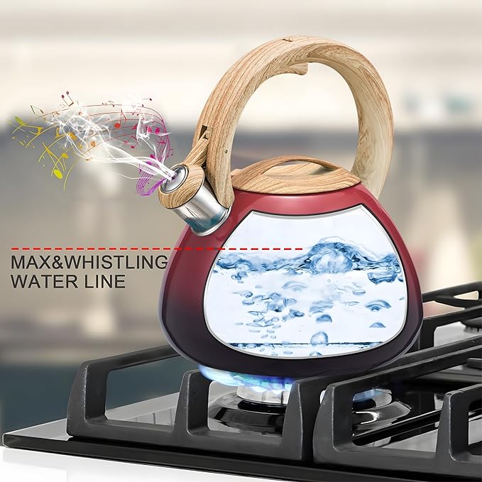 MARSKITOP Whistling Tea Kettle for Stove Top, Food Grade Stainless Steel Tea Kettle Teapot for Stovetop with Anti-Hot Ergonomic Handle, 2.6 Quart, Red