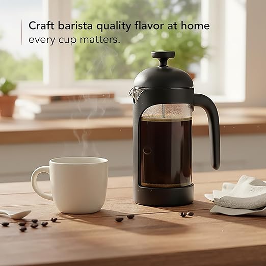 OVENTE French Press Coffee Maker 12 Ounce with Heat Resistant Borosilicate Glass & Stainless Steel 4-Level Filtration System, Portable Cold Brew Coffee Maker for Travel, Camping or Gift, Black FPB12B