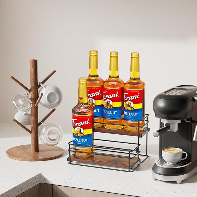 6 Bottle Coffee Syrup Rack Organizer 2 Tier Syrup Holder Stand for Coffee Bar Syrup Storage Shelves for Bar Family Storage Small Wine Rack for Syrup Wine Dressing