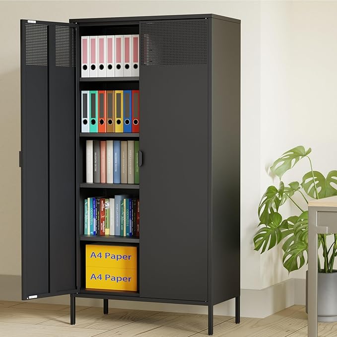 Black Metal Storage Cabinet with Doors and 4 Adjustable Shelves,Metal Locker Storage Cabinet, Metal Tool Cabinet, 71" Steel File Cabinet for Office, Home, Garage, School