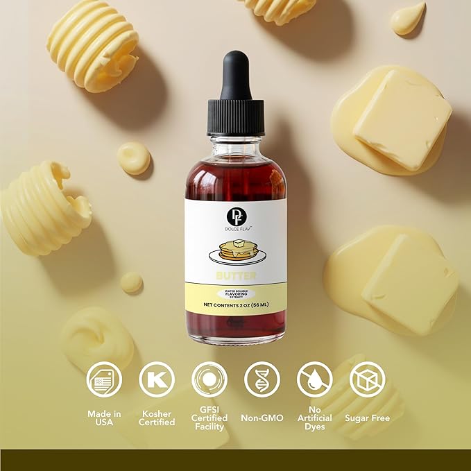 Dolce Flav Butter Extract – 2 Ounce Water-Soluble Kosher, Sugar-Free, Concentrated Imitation Butter Flavor for Baking, Cookies & Frostings, Includes Measured Dropper