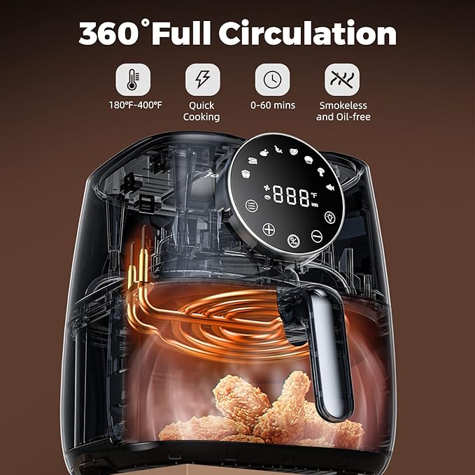 JOYAMI Air Fryer 6 QT, Air Fryer with Window, Online Recipes, 8 Cooking Functions for Air Fry, Bake, Roast, Broil & More, Nonstick Basket Dishwasher Safe, 1700W, Black