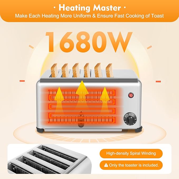 Stainless Steel Toaster 4 Slice with 2 Modes for Toasting (4 or 6 Slices), Extra Wide Slots, Time Adjustable 1 to 5 Minutes, Removal Crumb Tray