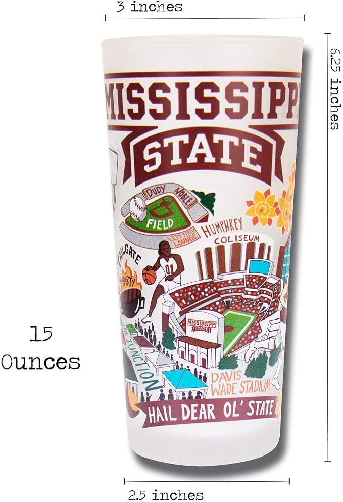 Catstudio Drinking Glass, Mississippi State University Glass Cup for Kitchen, 15oz Dishwasher Safe Tumbler for MSU Alumni