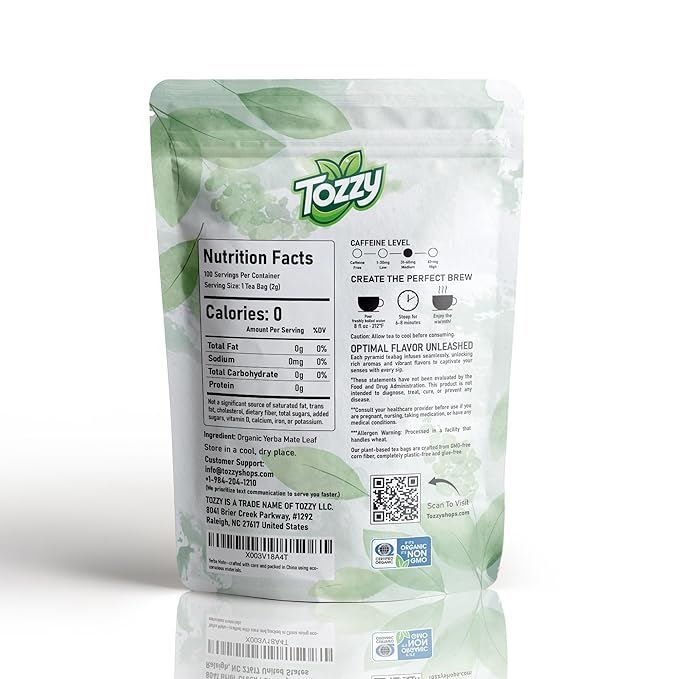 Tozzy Organic Yerba Mate Tea, Unsmoked – 100 Count, Plant-Based Pyramid Tea Bags
