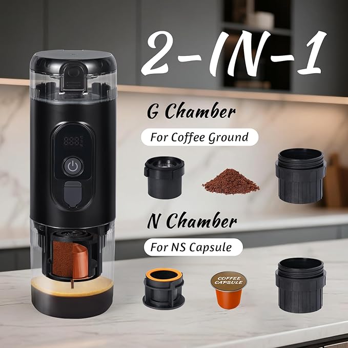 Portable Coffee maker, Electric Travel Espresso Machine with Self-Heating & USB-C, 20Bar High Pressure, Compatible with Coffee Capsules & Grounds（NS&DG） for Camping, RV, Office, Car