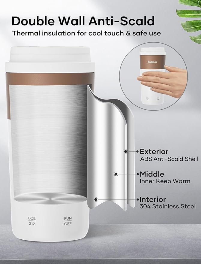 Sekaer Travel Portable Kettle, Dual Voltage 110-240V, Mini Electric Kettle for Tea Coffee, 304 Stainless Steel Small Hot Water Boiler, 350mL Auto Shut-Off & 4 Temp Presets, SKE-835-B