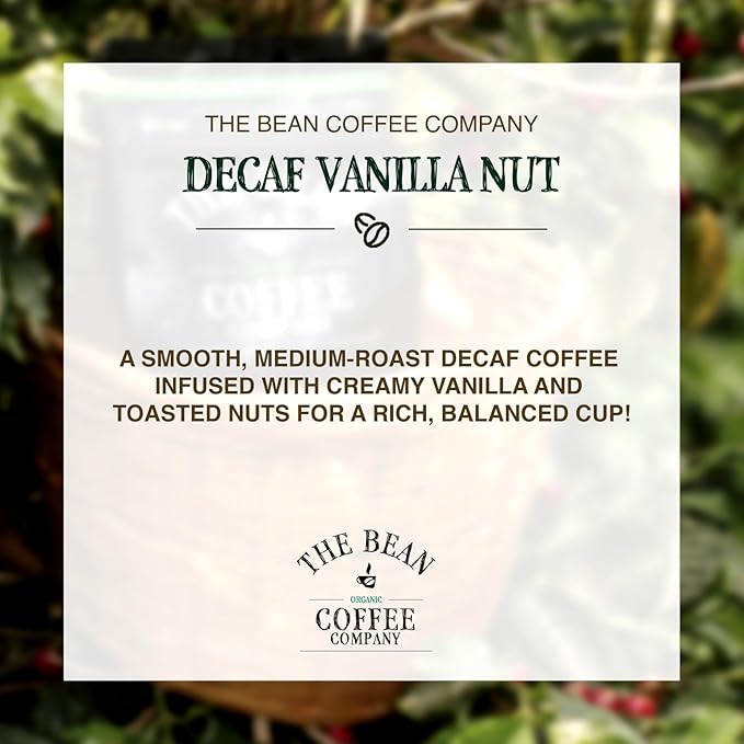 The Bean Organic Coffee Company Water Processed DECAF Vanilla Nut, Medium Roast, Ground Coffee, 16-Ounce Bags (Pack of 2), Café Molido Tostado Orgánico descafeinado