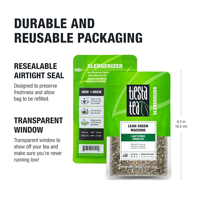 Tiesta Tea - Lean Green Machine, Loose Leaf, Light Citrus Green, Premium Blend, Medium Caffeinated, 25 Cups, 1.9 Ounce Resealable Pouch