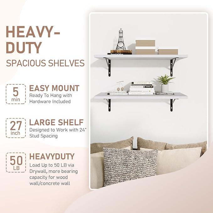 Kaboon 27 inch Long 10 inch Deep Floating Shelves for Wall Set of 2, Large Open Shelves Wall Mounted, Space Saving Home and Commercial Use, White Rock