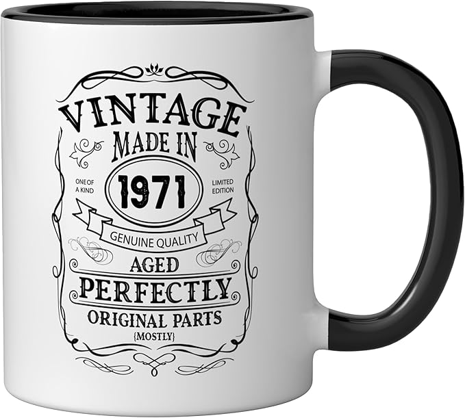 54th birthday, retro Vintage Design, man, woman 1971 Ceramic Mug, Black/White
