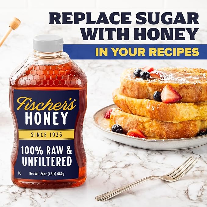 Fischer's 100% Pure, Raw & Unfiltered Honey, 24 oz – All-Natural Sweetener – Rich Flavor Profile, Packed with Nutrients