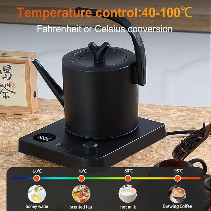 1.0L Gooseneck Electric Kettle with Temperature Control, 304 Stainless Steel Tea Kettle, Auto Shut-Off & 360° Smart Base, 800W Fast Boiling BPA-Free, Matte Black for Home/Office/Coffee/Tea