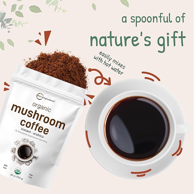 Organic Instant 10 in 1 Mushroom Coffee Powder, 28 Ounce (317 Servings) | Weight & Immune Support | Premium Arabica Coffee with Lion’s Mane, Chaga, Reishi,& More