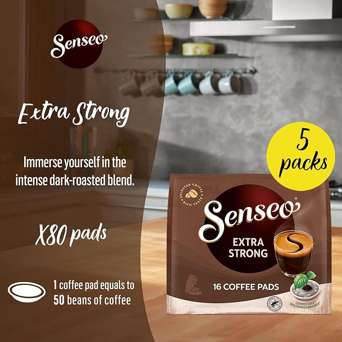 Senseo Extra Strong Dark Roast Coffee Pods, 5 Packs, 80 Count, Intense Dark Flavor, Crema Layer on Top, Compatible with PeleCom Machine