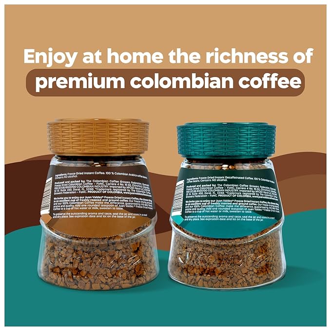 Juan Valdez Freeze-Dried Instant Coffee Bundle - Regular & Decaffeinated | 100% Colombian Arabica Beans | Smooth & Rich Taste - Premium Colombian Coffee | 2 Jars - 3.5 oz (100 g) Each