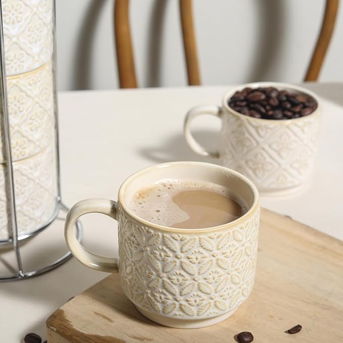 6 Oz Coffee Mugs with Stand, Stackable Coffee Cups Set of 4, Ceramic Espresso Cups, Embossed Cappuccino Cups for Latte, Cocoa, Mocha, Tea, Housewarming Wedding Present, Dishwasher Safe