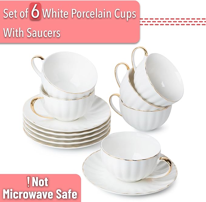 BTaT- White Tea Cups and Saucers Set of 6 (7 oz), Porcelain White Tea Cup Set with Golden Trim Design, Dishwasher Safe, Christmas Gifts