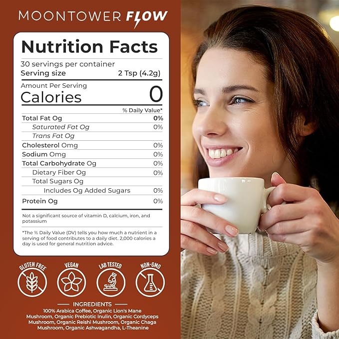 Instant Mushroom Coffee - Organic Adaptogenic Coffee Blend with Lion's Mane, Ashwagandha, L-Theanine & Prebiotic Inulin for Focus, Calm Energy & Gut Health Support - 30 Servings by Moontower