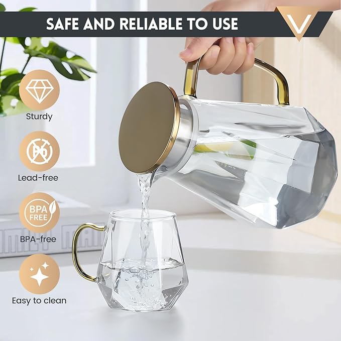 2L Borosilicate Glass Water Pitcher with Lid, 68oz Iced Tea/Coffee Carafe with Spout, Cold Brew Coffee Dispenser, Water Jug for Juice, Homemade Beverage, Diamond Cut Design for Refrigerator