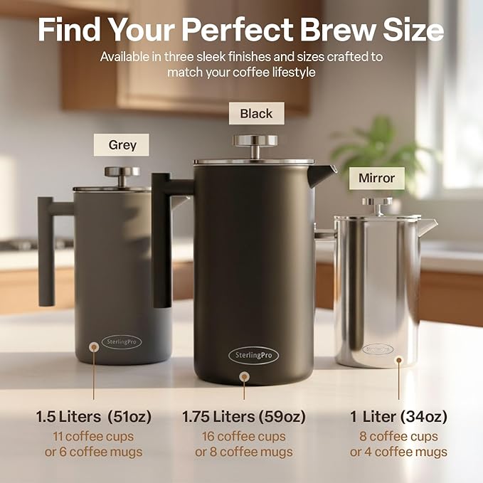 Stainless Steel French Press Coffee Maker Large 1.5 L(51 oz) Black – Durable Double Walled Insulated Coffee Press Keeps Drinks Hot, Easy to Use and Clean Stylish Design for Rich Flavor