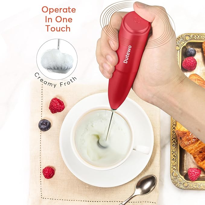 Hand Mixer Milk Frother for Coffee - Dutewo Frother Handheld Foam Maker for Lattes, Electric whisk Drink Mixer Mini Foamer for Cappuccino, Frappe, Matcha, Hot Chocolate, Red 199C