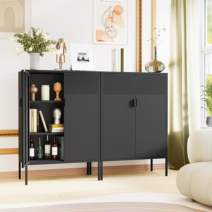 Metal Storage Cabinet,Kitchen Pantry Storage Cabinets with Doors,Buffet Cabinet with 2 Adjustable Shelves,Black Pantry Cabinets,Steel Sideboard for Home,Shoes,Office,Dining Room