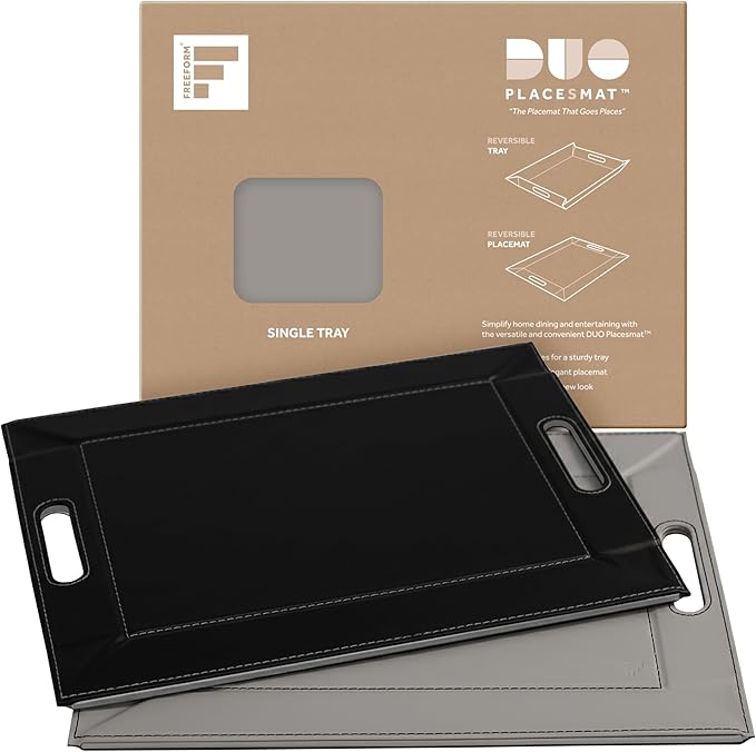 PLACEsMAT 2-in-1 Faux Leather Placemat & Serving Tray | Reversible Design, Lays Flat & Easy to Clean | Ottoman Food Tray, Perfect Housewarming Gift, 18” x 14” (Grey & Black, Single)