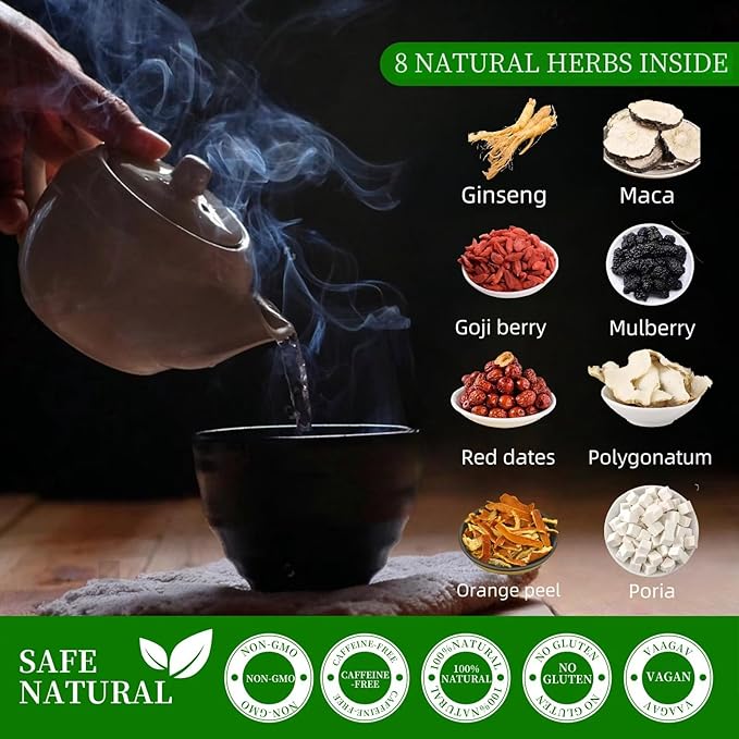 20 Pack Organic Ginseng Kidney Tea-Ginseng Six Treasure tea,Eight Natrual Herbs Blend Mulberry,Wolfberry-Traditional Chinese Herbal Kidney Tea Formula for Men & Women,100% Plant Base(300g/Bag)