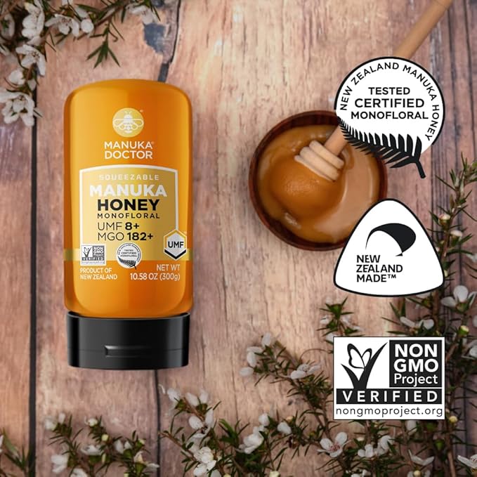 Manuka Doctor - Manuka Honey Squeezy MGO 182+ / UMF8 Dual Rated Monofloral, 100% Pure New Zealand Honey. Certified. Guaranteed. Raw. Non-GMO (10.58 oz)
