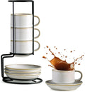 Gomakren 2.5 Ounce Espresso Cups Set of 4, Small Stackable Coffee Cups with Saucers and Metal Stand, Christmas Porcelain Demitasse Cups for Specialty Coffee Drinks, Espresso, Cappuccino, Latte, White