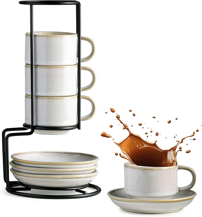 Gomakren 2.5 Ounce Espresso Cups Set of 4, Small Stackable Coffee Cups with Saucers and Metal Stand, Christmas Porcelain Demitasse Cups for Specialty Coffee Drinks, Espresso, Cappuccino, Latte, White