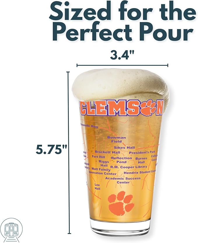 Greenline Goods – University of Clemson Tigers College Pint Beer Glasses (Set of 2), 16 oz – Full-Color Logo + Campus Map