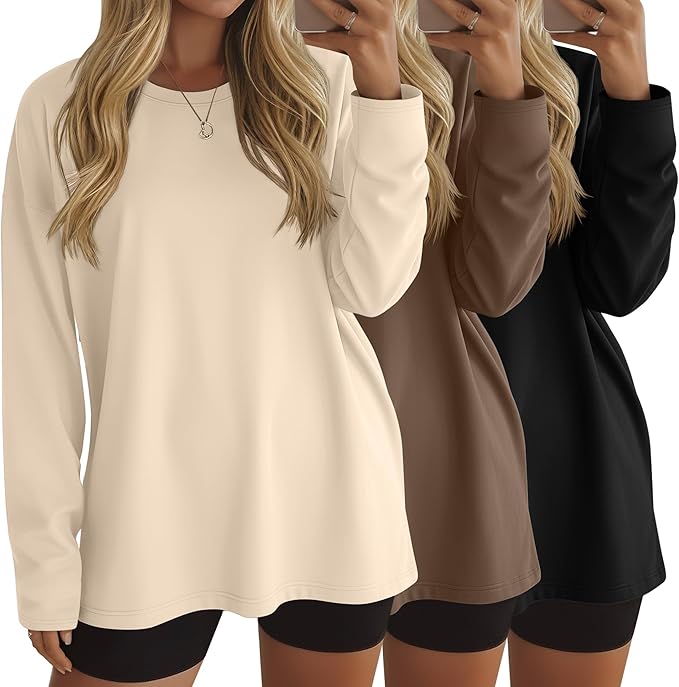 Ficerd 3 Pack Women's Oversized Long Sleeve Shirts Cotton Gym Round Neck Tops Loose Fit Casual Workout Baggy Fall Basic Tee