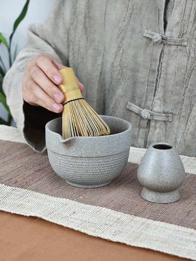 Matcha Tea Set – 4 Piece Traditional Japanese Matcha Kit with Pouring Spout Bowl, Whisk, Holder, Scoop & Guide – Ceramic Matcha Bowl for Authentic Tea Ceremony & Daily Ritual