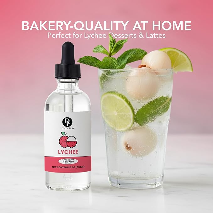 Dolce Flav Natural Lychee Extract – 2 Ounce Water-Soluble Kosher, Sugar-Free, Concentrated Exotic Lychee Flavoring for Beverages, Desserts & Baking, Includes Measured Dropper