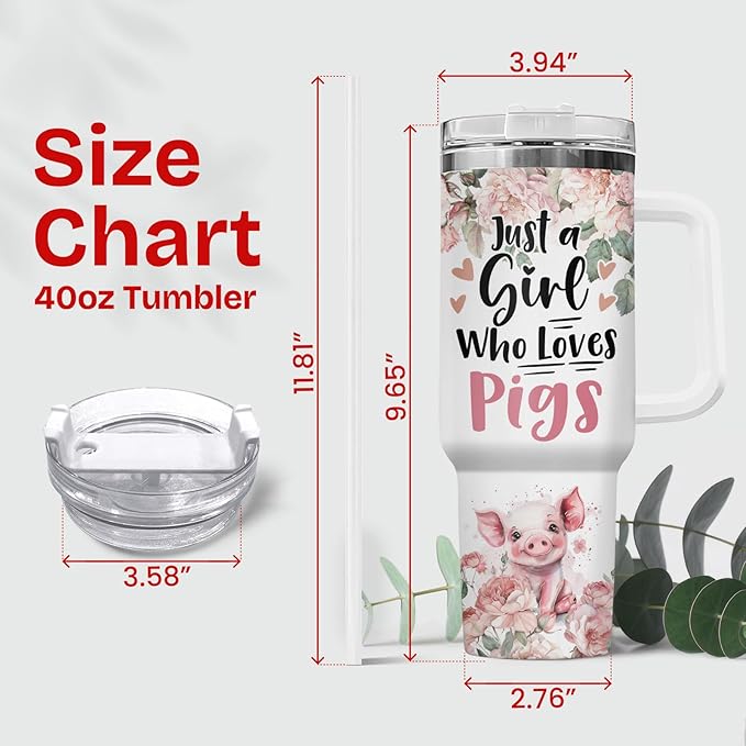 34HD Pig Tumbler with Handle & Straw, 40oz Just A Girl Who Loves Pigs Coffee Mug, Pig Lover Gifts for Birthday Christmas, Farm Animal Gifts for Women