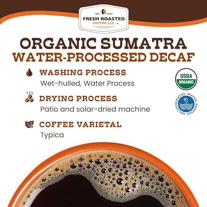 Fresh Roasted Coffee, Organic Sumatra Water-Processed Decaf | 100% Single Origin, USDA Organic, Kosher | Medium Roast 2 lb (32 oz) Whole Bean