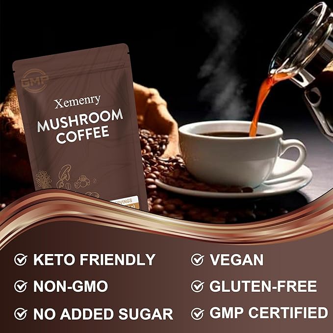 Instant Mushroom Coffee Mix with Lion's Mane, Cordyceps & Turkey Tail | 6-Superfood Blend | Keto & Paleo Friendly | 6.35oz Pouch (30 Servings)