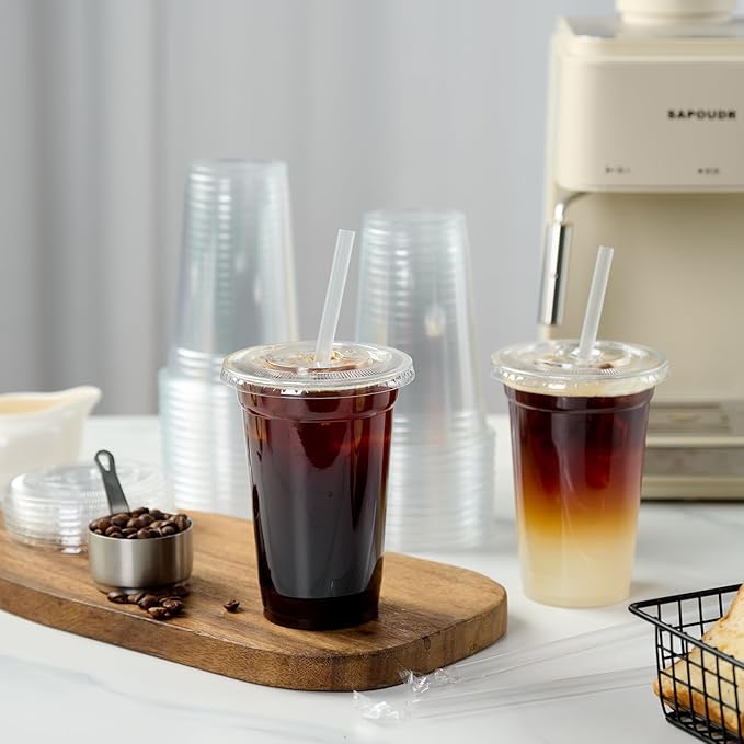 Turbo Bee 200 Sets 24 OZ Clear Plastic Cups with Lids and Straws, Disposable To Go Iced coffee cups with lids for Cold Drinks, Smoothie, and Slushie