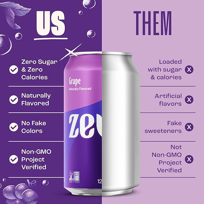 Zevia Zero Sugar Soda, Grape, 12 oz Cans (24-Pack) – Naturally Sweetened, Zero Calorie Sugar Free Soda - Non-GMO Project Verified, Gluten-Free, Vegan