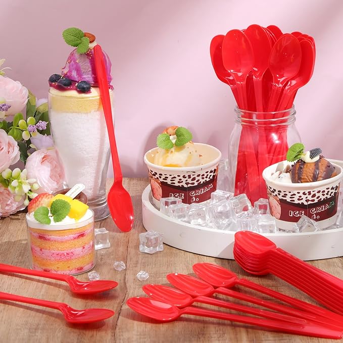 200 Pcs Extra Long Spoons for Ice Cream Floats Plastic Sundae Spoons Bulk 8 Inch Long Handle Spoon Heavy Duty for Ice Cream Milkshakes Tea Cocktails Root Beer Float and Tall Beverages (Red)